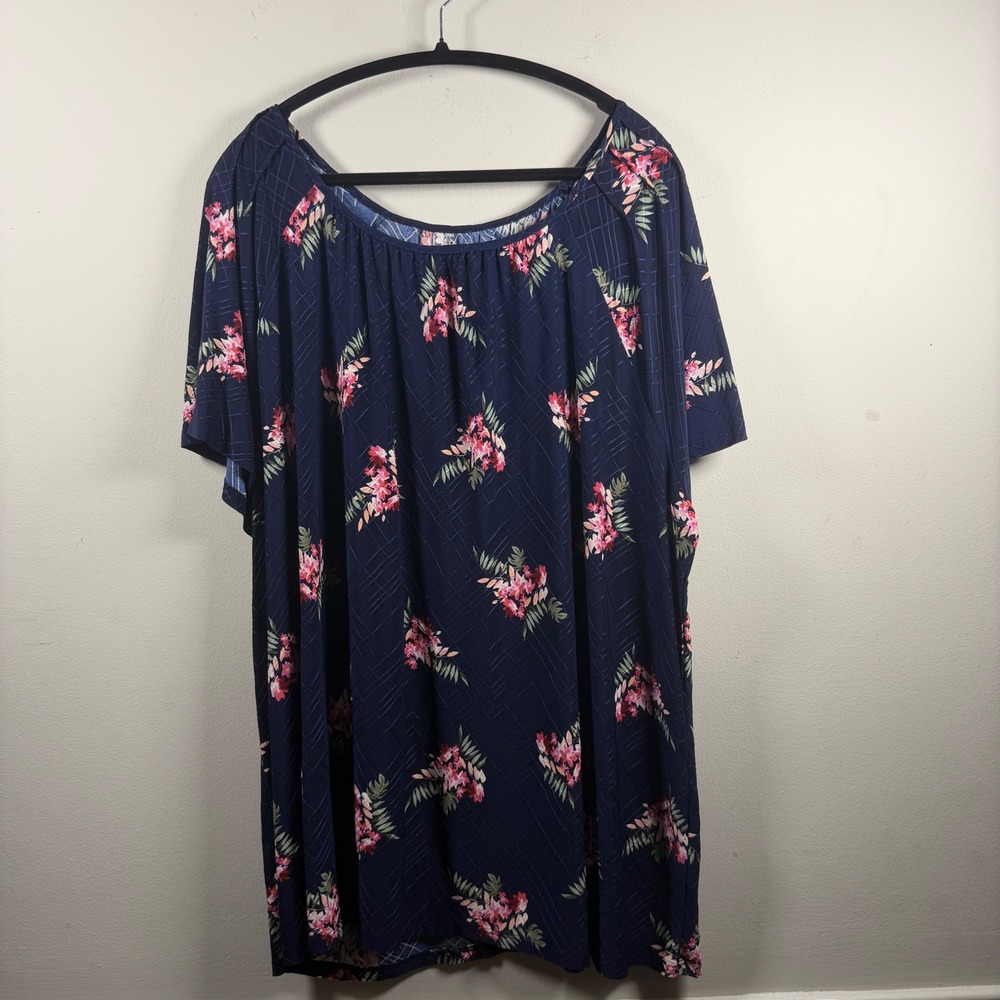 Croft & Barrow Floral Blouse Womens 3X Navy Blue Modern Textured Knit Top